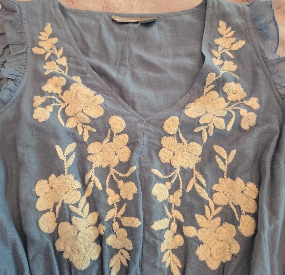 Lucky Brand Light Blue Embroidered V‑Neck Tiered Maxi Dress - Picture 3 of 3